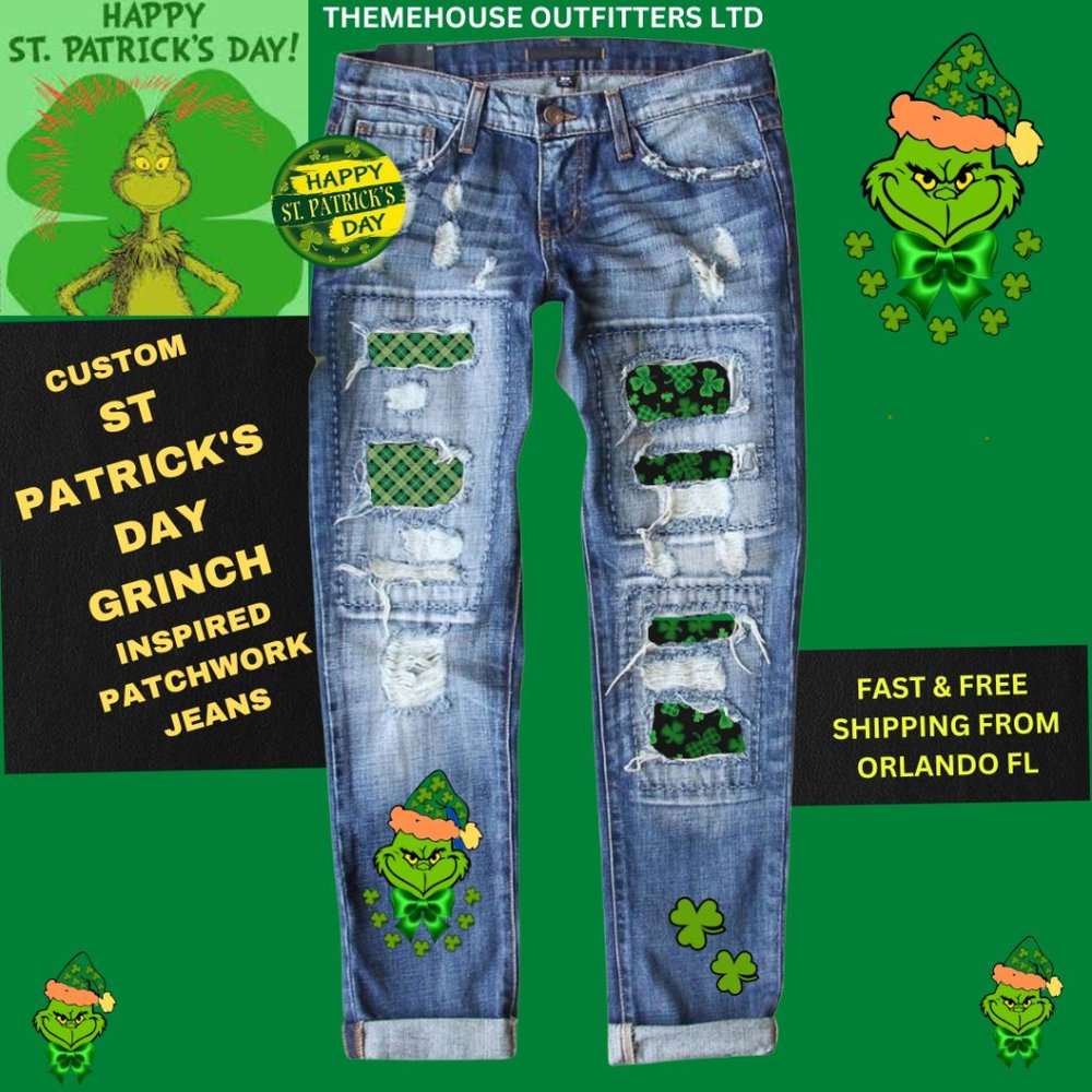 St. Patrick's Day Grinch Lucky Irish Clover Celebration Stretch Women's Jeans